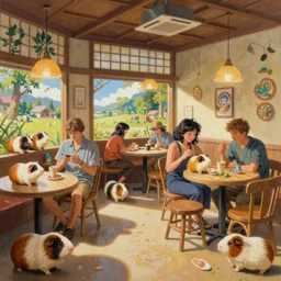 a mixed media painting of the interior of an aesthetic japanese guineapig cafe, guineapigs everywhere, by simon stalenhag, frank frazetta, greg rutkowski, beeple, yoko taro, christian macnevin, beeple, wlop and krenz cushart, epic fantasy character art, volumetric outdoor lighting, midday, high fantasy, cgsociety, cheerful colours, full length, exquisite detail, post - processing, masterpiece, cinematic