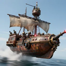 action photography of high technology laser guns mounted on a pirate airship, steampunk, fast shutter speed, high speed, action photo, 1/1000 sec shutter