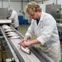 Magnus Carlsen gutting fish at a fish factory floor, conveyor belt