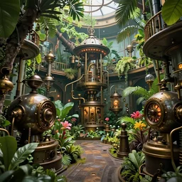 Inside a steampunk machine room with lush vegetation growing around the machines, tropical trees, large leaves, flowers, by Rebecca Guay
