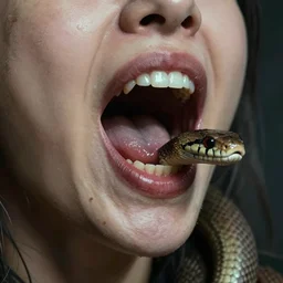 an snake came out from a woman mouth, very realistic, dramatic,. Horror, Hollywood standard