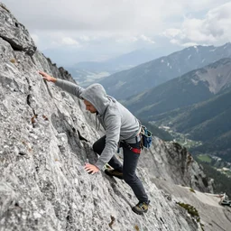 quadriplegic white man in gray hoodie climbing mountain