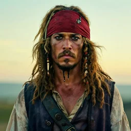 photo portrait of an rugged strong albino african pirate with a red headband | vest | young adult, blonde mustache, small afro blonde hair, stern face, rugged and dirty, cinematic lighting at sundawn, movie color grading