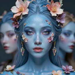 a stunning ultra detailed fantasy fine art portrait photo of goddess with glossy blue skin, by tom bagshaw, michael cheval and natalie shau, 3 5 mm lens, golden ratio composition, deep depth of field, perfect eyes and face, flowery implants, flowerpunk, soft lighting, artstation, 8 k