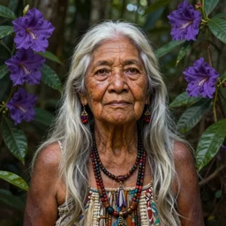 a beautiful portrait of a benevolent and noble indigenous old woman healer with white long hair in the amazon jungle surrounded by purple flowers of brunfelsia grandiflora, matte painting, by christophe vacher