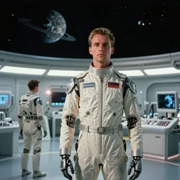 Cinestill 800t, 8K, 35mm,J.J Abrams flare; beautiful ultra realistic minimalistic syd mead in space(1950) film still medical bay scene in 2000s frontiers in blade runner retrofuturism fashion magazine September hyperrealism moebius edition, highly detailed, extreme closeup three-quarter birabid text jump suit android portrait, tilt shift LaGrange point orbit background, three point perspective, focus on two androids;sunflares;back to camera, soft lighting