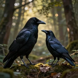 werecreature consisting of male human and crow, photograph captured in a forest