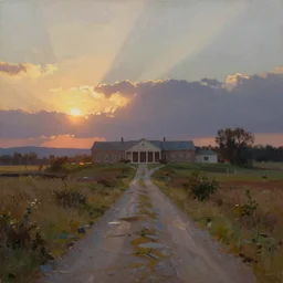 a oil painting of a serene landscape with a wasted way, west wing, at sunset, concept art, octane render, unreal engine 5, trending on deviantart, highly detailed, high quality, oil painting, digital painting, masterpiece, hyperrealistic, breathtaking landscape, soft lighting, godrays, complementary colors, natural lighting