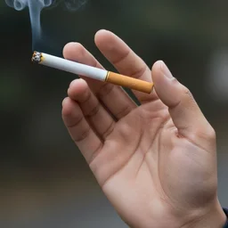 Close-up of thin soft hand, one cigarette with smoke, hand with five fingers, hyper realistic, high details, photo, super resolution