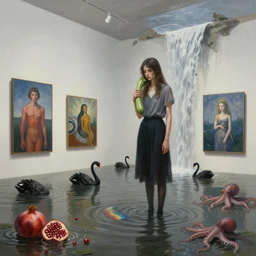 realistic painting of a flooded modern art gallery and a tall emo girl, holding a courgette, paintings on walls, floodwaters with squid ink, trans pride flag, pomegranates, black swans, waterfall from the wall, octopus, puddles, zen, surrealist, by magritte and kawase and escher and monet