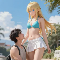 tiny father a detailed very beautiful tall daughter picture : a detailed very beautiful young blond anime girl, detailed sky blue eyes, bikini, white miniskirt, highly detailed, cinematic wallpaper by stanley artgerm lau