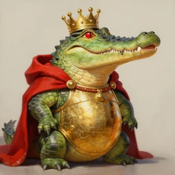 painting of a large anthropomorphic crocodile with one of its eyes bloodshot wearing a crown, a red cape and a large golden chestplate over its stomach, trending on artstation