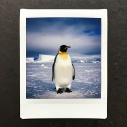 polaroid photo of penguin taking a coffee in the middle on the artic, pulitzer, dramatic lighting