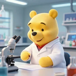 winnie the pooh dressed in a lab coat working in a brightly lit laboratory.