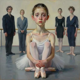 portrait of nervous young girl ballerina sitting on the floor focusing in a dance hall by hernan bas and francis bacon and alberto seveso and pat steir and hilma af klint, psychological, photorealistic, symmetrical face, dripping paint, washy brush, matte painting, rendered in octane, altermodern, masterpiece