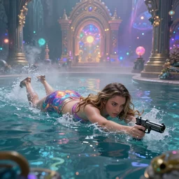 KYLIE JENNER with pistol swimming in chromatic SPIRITS in misty mysterious astral temple, beautiful, dmt, trending on artstation, omnious, soft, REALISTIC