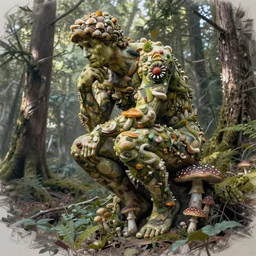 the thinker sculpture covered by magic mushrooms / peyote, sitting in a forest, sketch