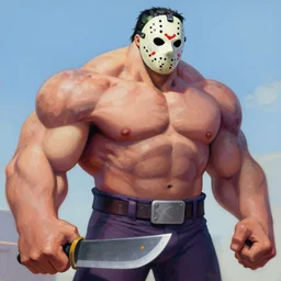 greg manchess mid shot portrait painting of zombie oversized powerlifter muscular caml jason voorhees frankenstein wearing hockey mask on his head from evil dead mortal kombat as overwatch character, medium shot, asymmetrical, profile picture, organic painting, sunny day, matte painting, bold shapes, muscular, machete, hard edges, street art, trending on artstation, by huang guangjian and gil elvgren and sachin teng