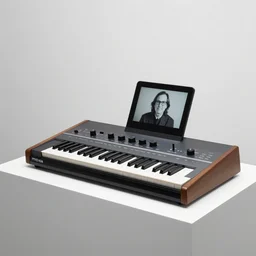 dezeen showroom , minimalissimo, archdaily, , teenage engineering moad, mother of all decks, product design concept,product shot of moog melotron synthesizer with screen designed by jony ives, dieter rams, 8k, highly detailed photo