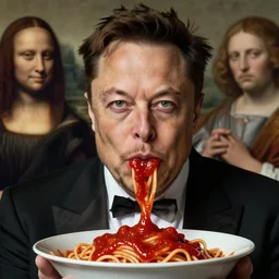 a beautiful renaissance portrait of angry elon musk with a mustache covered in tomato sauce and pasta. by leonardo da vinci, by raphael, by michelangelo. trending on artstation