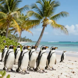 photo of penguins on a tropical beach, palm trees, 50mm, beautiful photo
