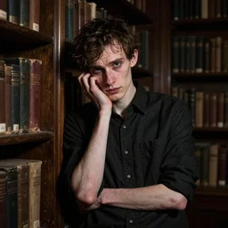 night portrait of a neurotic skinny british man vampire feeling confidant in a grungy library f / 1. 4 hdr