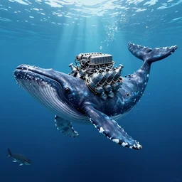 digital art of v 8 engine!! v 8 engine!! with cachalot whale body sticking out, cachalot whale!!, cachalot whale!!, in ocean, full - body, wide angle, cyberpunk style