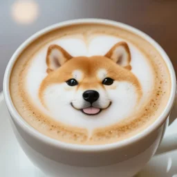 close up photo of a cup of coffee, the foam has a cute shiba inu face. food photography, photorealistic, beautiful, bokeh, 4 k.