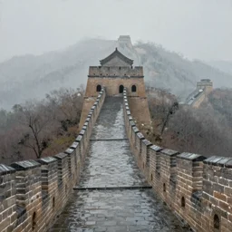 a painting of the empty great wall, heavy raining, misty, trending on artstation in the style of greg rutkowski