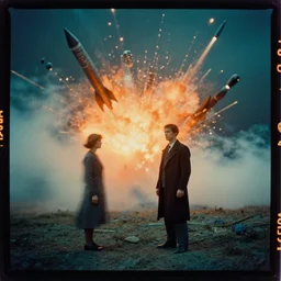kodak portra 4 0 0, wetplate, deep winter, muted colours, blueberry and orange and teal, movie clockwerk orange, 1 9 2 0 s style, motion blur, portrait photo of a backdrop, explosions, rockets, bombs, fog, by georges melies and by britt marling
