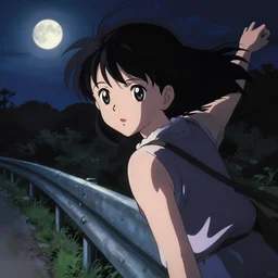 anime visual, dark portrait of a young girl sightseeing overlook at from the park exterior, moon, guardrail, cute face by, akihiko yoshida, katsura masakazu, ilya kuvshinov, dynamic pose, dynamic perspective, strong silhouette, murata range, anime cels, flat shading, rounded eyes, realistic proportions, dramatic, detailed facial features