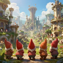 a gnomes view of an overpopulated sci - fi steampunk gnome city, sunny day, beautiful sunny environment, hyper realistic, extremely detailed, raytracing, art by artgerm, greg rutkowski and alphonse mucha, artstation, octane render