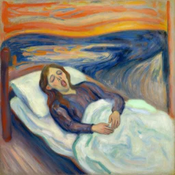 lady with brown hair can't sleep because husband in is snoring in bed, expressive oil painting by edvard munch and claude monet