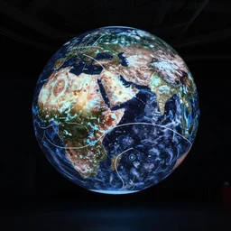 public art installation about space and time. projected on big suspended sphere inside big and dark venue