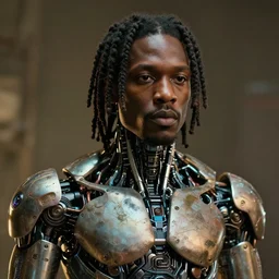 a cinematic film still of rapper a black man with dreads as a cybernetic cyborg, cgi, surrealism, 8 k, ornate