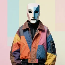 model in abstract plastic geometric mask wearing baggy colorful 9 0 s jacket by rick owens. magazine ad. pastel brutalist background.