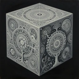 cinematic view of a dmt hyper cube filled with intricate and perfect patterns, trees, desaturated, psychedelic, tim hildebrandt, alex grey, android jones, oil on canvas, masterpiece, trending on artstation, featured on pixiv, cinematic composition, sharp, details, hyper - detailed, hd, hdr, 4 k, 8 k