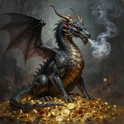 highly detailed painting of a dragon sitting on a pile of gold and gems, smoke coming through its nostrils, grim atmosphere, scary