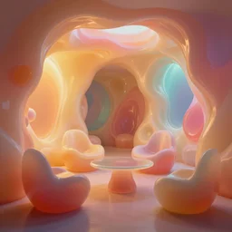 futuristic interior organic design composed of solid plastic, the chairs, tables, and walls all seem to meld together into a color - shifting'jelly bean gloop': : mate translucent plastic and gum, soft smooth surfaces : : warm illumination, cinematic warm futuristic atmosphere, magical digital, 8 k resolution, golden ratio, best color graded, vray beautiful, ambient occlusion, subsurface