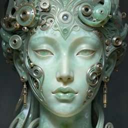 symmetry!! jade, machine parts embedded into face, intricate, elegant, highly detailed, digital painting, artstation, concept art, smooth, sharp focus, illustration, art by artgerm and greg rutkowski and alphonse mucha, 8 k