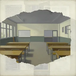 illustration of a 2 0 8 0 desolate school scene by shaun tan, clean, emptyness, torn paper decollage, graphic novel, oil on canvas by edward hopper, ( by mattias adolfsson ), by moebius
