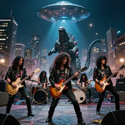The wide shot of disco punk rock Asian band with very long curly dark hair playing on guitars while giant Godzilla destructs the city, night city on the background, giant flying saucer in the sky, by Lubezki, David Lynch and Roland Emmerich, anamorphic 35 mm lens, cinematic, anamorphic lens flares 4k