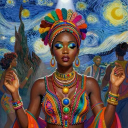 indie / new wave, african and tropical party, dancing, vibrant colors, beautiful face, rule of thirds, intricate outfit, spotlight, by greg rutkowski, by jeremy mann, by francoise nielly, by van gogh, digital painting