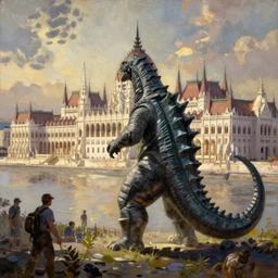 kaiju attack in budapest painting, greg rutkowski, detailed, cinematic