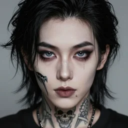 beautiful portrait goth boy, tattoo scull, big eyes, black hair, sharp focus, smooth, digital illustration, by mcbess, dore, symmetry, instagram post