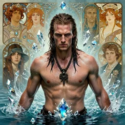 portrait of a retropunk viking man, drenched body, wet dripping hair, emerging from the water, fantasy, regal, fractal crystal, fractal gems, by stanley artgerm lau, greg rutkowski, thomas kindkade, alphonse mucha, loish, norman rockwell.