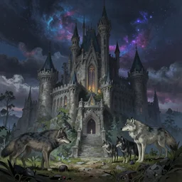 wolves and their treasures - fantasy castle in astral landscape, trending on artstation, illustration, digital painting, highly detailed render by studio ghibli, james gurney, and ashley wood dramatic lighting