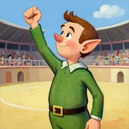 greg manchess portrait of a house elf standing victorious in an arena, profile picture, organic painting, sunny day, matte painting, bold shapes, hard edges, street art, trending on artstation, by huang guangjian, gil elvgren, ruan jia, randy vargas, greg rutkowski