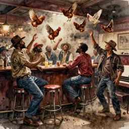 a messy rowdy watercolor of black men gatecrashing a bar, barstool and chickens flying through air, dust clouds, smooth, sharp focus, rednecks, deep south, piano, ultrarealistic, art by dean cornwell and howard finster, paint splatters, artstation, octane render, low contrast, cinematic, dynamic volumetric lighting by delphin enjolras