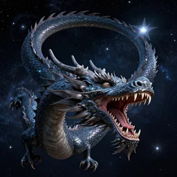 accurate by peter eisenman, by sarah sze wisteria, cinematic lighting. a digital art of a dragon in space. the dragon is in the foreground with its mouth open rows of sharp teeth. coiled & ready to strike, its tail is wrapped around a star in the background. background is full of stars & galaxies.